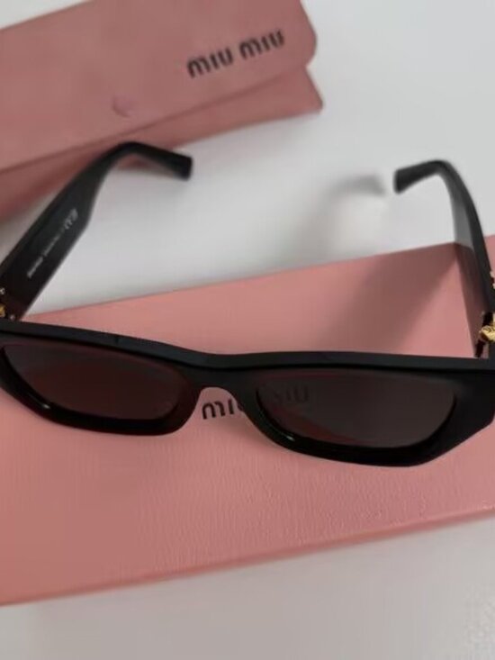 Miu Miu Black Rectangular Sunglasses with Gold Accents